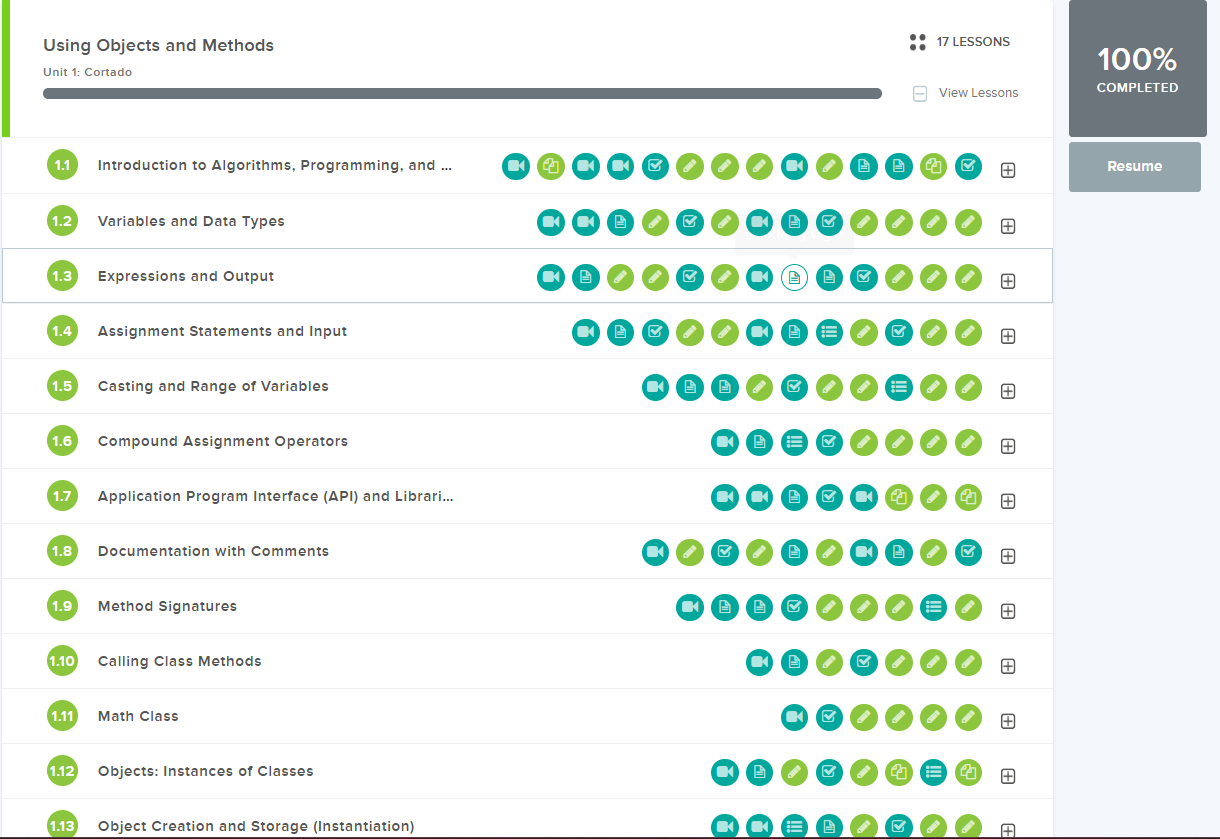 AP CSA Unit 1 Using Objects and Methods progress — 100% completed